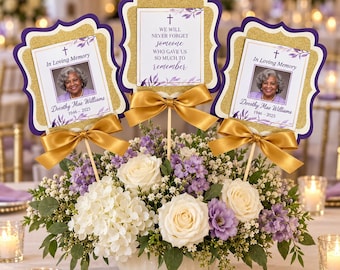 Personalized Memorial Centerpieces, Purple Gold Celebration of Life Funeral Table Decorations