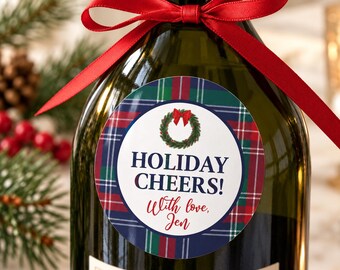 Personalized Round Christmas Wine Bottle Stickers, Red and Green Tartan Plaid
