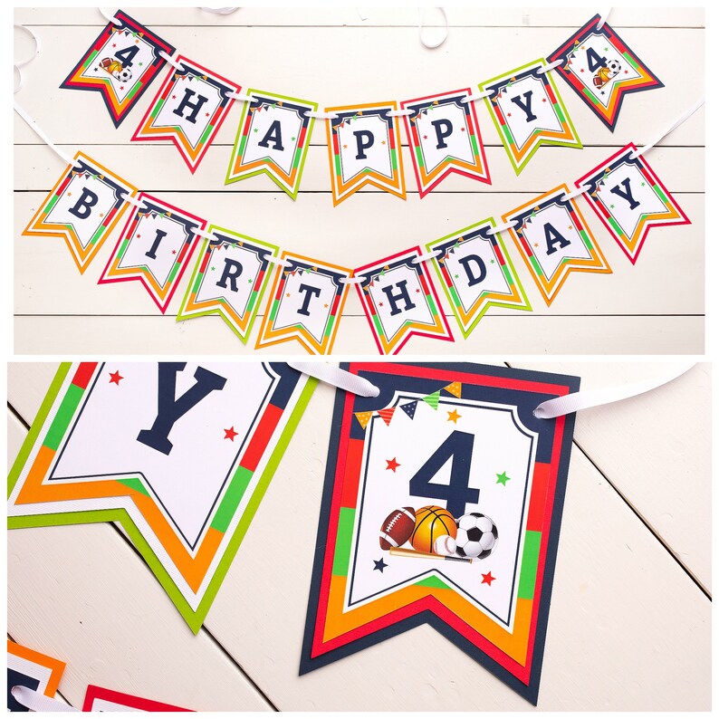 May include: A colorful Happy 4th Birthday banner with a sports theme. The banner features red, orange, yellow, green, and blue pennants with white text and sports-themed illustrations. The banner is strung together with white ribbon.