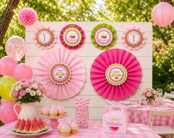 Watermelon First Birthday Decorations, One in a Melon Party, Paper Fan Backdrop Set