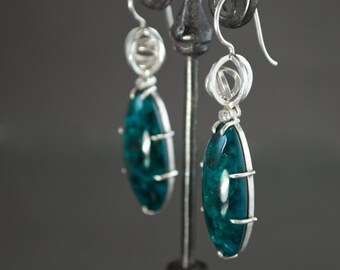 Dioptase Kinetic Globe Earrings in Sterling Silver