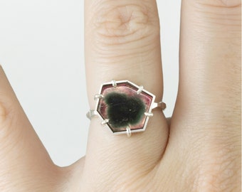 Watermelon Tourmaline Slice Frusta Ring, Size 6