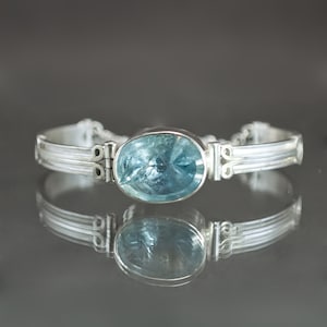 Aquamarine Scroll Hinged Cuff in Sterling Silver
