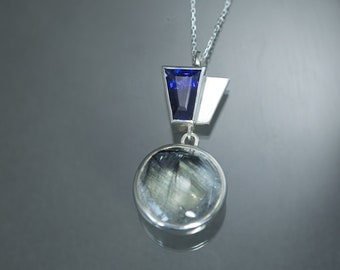 Iolite and Silver Rutilated Quartz Geometric Pendant in Sterling Silver