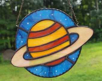 Unique Stained Glass Planet Saturn Ornament, Creative Gift Idea for Astronomer, Kids Room Decor