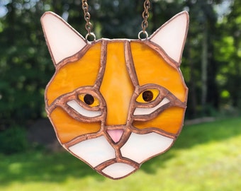 Unique Stained Glass Cat Suncatcher, Decorative Glass Art Tabby Cat Ornament, Orange Cat Art, Cat Decor Cat Lover Gift