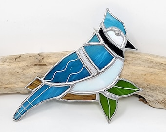 Unique Stained Glass Blue Jay Suncatcher,Decorative Glass Art Blue Jay Ornament,Bird on a Branch Blue Jay Art,Blue Jay Decor Bird Lover Gift