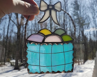 Unique Stained Glass Easter Basket Suncatcher with Colorful Eggs, Easter Basket Filler, Glass Easter Egg Art, Decorative Egg Glass Artwork