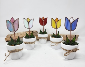 Tulipe en pot en vitrail, fleur éternelle, cadeau fête des mères, mini pot de fleur cadeau pour soeur, décoration de rebord de fenêtre fleur décorative lumineuse