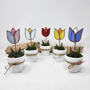 May include: Six stained glass tulip flowers in white pots with brown twine. The tulips are in different colors: pink, white, red, yellow, blue, and purple.