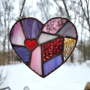 Unique Stained Glass Patchwork Heart Suncatcher, Red Heart Ornament Sentimental Gift, Romantic Heart Decor Girlfriend Gift Idea