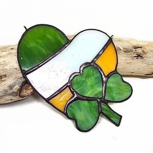 Unique Stained Glass Irish Heart with Shamrock Suncatcher, Irish Flag St. Patty's Decor, Creative Gift Idea Decorative Glass Art