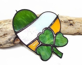 Unique Stained Glass Irish Heart with Shamrock Suncatcher, Irish Flag St. Patty's Decor, Creative Gift Idea Decorative Glass Art