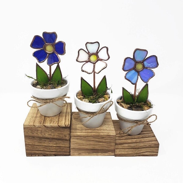 Stained Glass Potted Forget Me Not Flower, Mothers Day Gift, Mini Flower Pot Gift for Sister, Bright Decorative Blossom Windowsill Decor