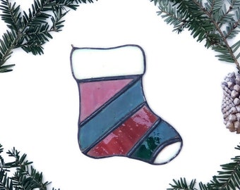 Small Stained Glass Striped Stocking Seasonal Ornaments, Handmade Xmas Decor Creative Gift Idea, Unique Stained Glass Colorful Suncatcher