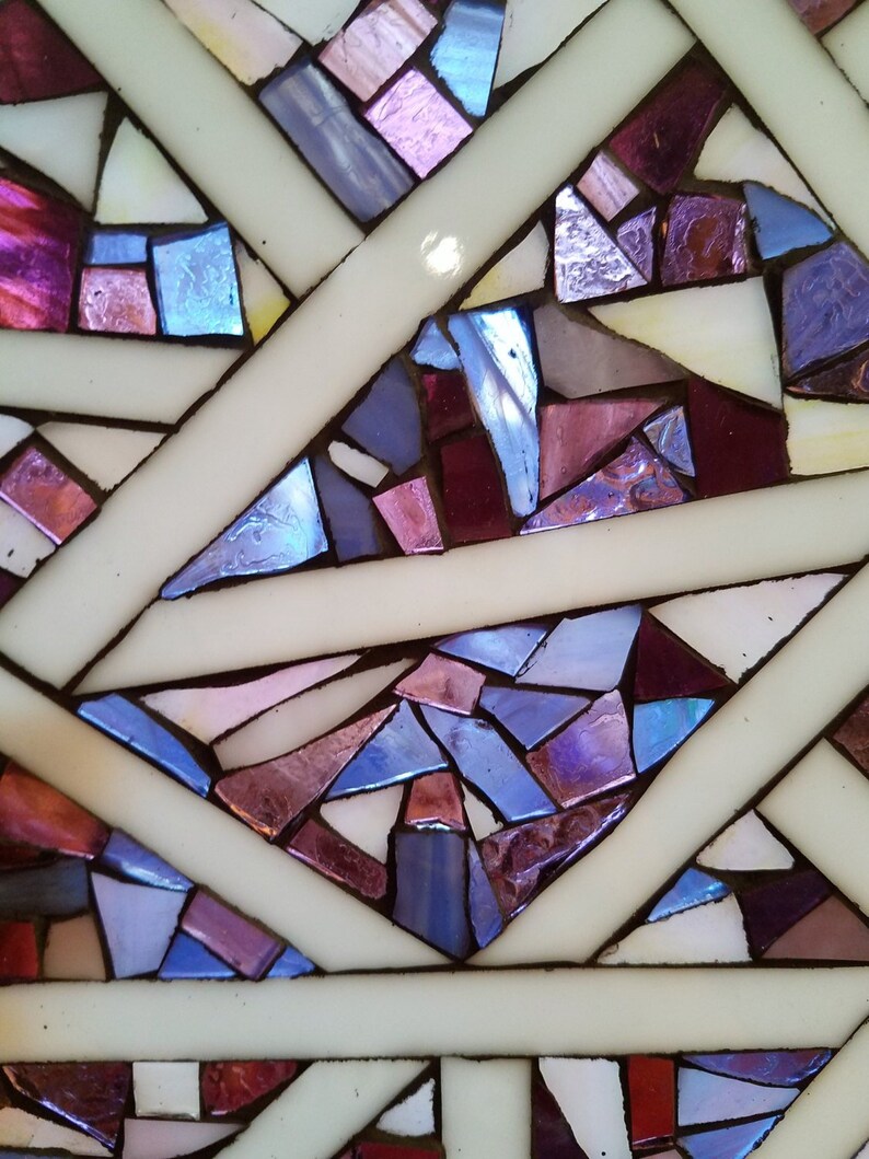 Abstract Glass art stained glass square asymmetrical art Crackle and rain glass. purple glass art purple circle art