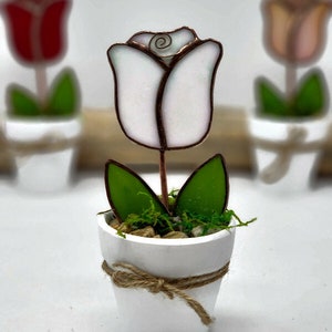 Stained Glass Potted Rose, Everlasting Flower, Valentines Day Gift, Mini Flower Pot Gift for Sister, Windowsill Decor White