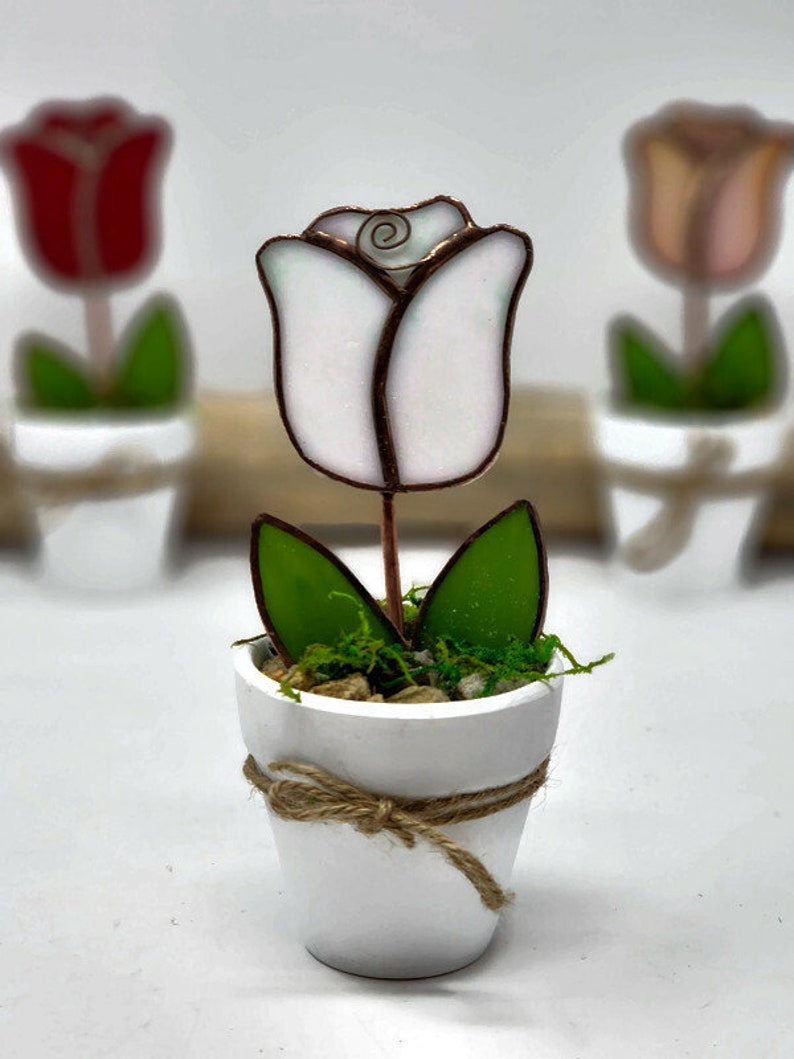 Stained Glass Potted Rose, Everlasting Flower, Valentines Day Gift, Mini Flower Pot Gift for Sister, Windowsill Decor White