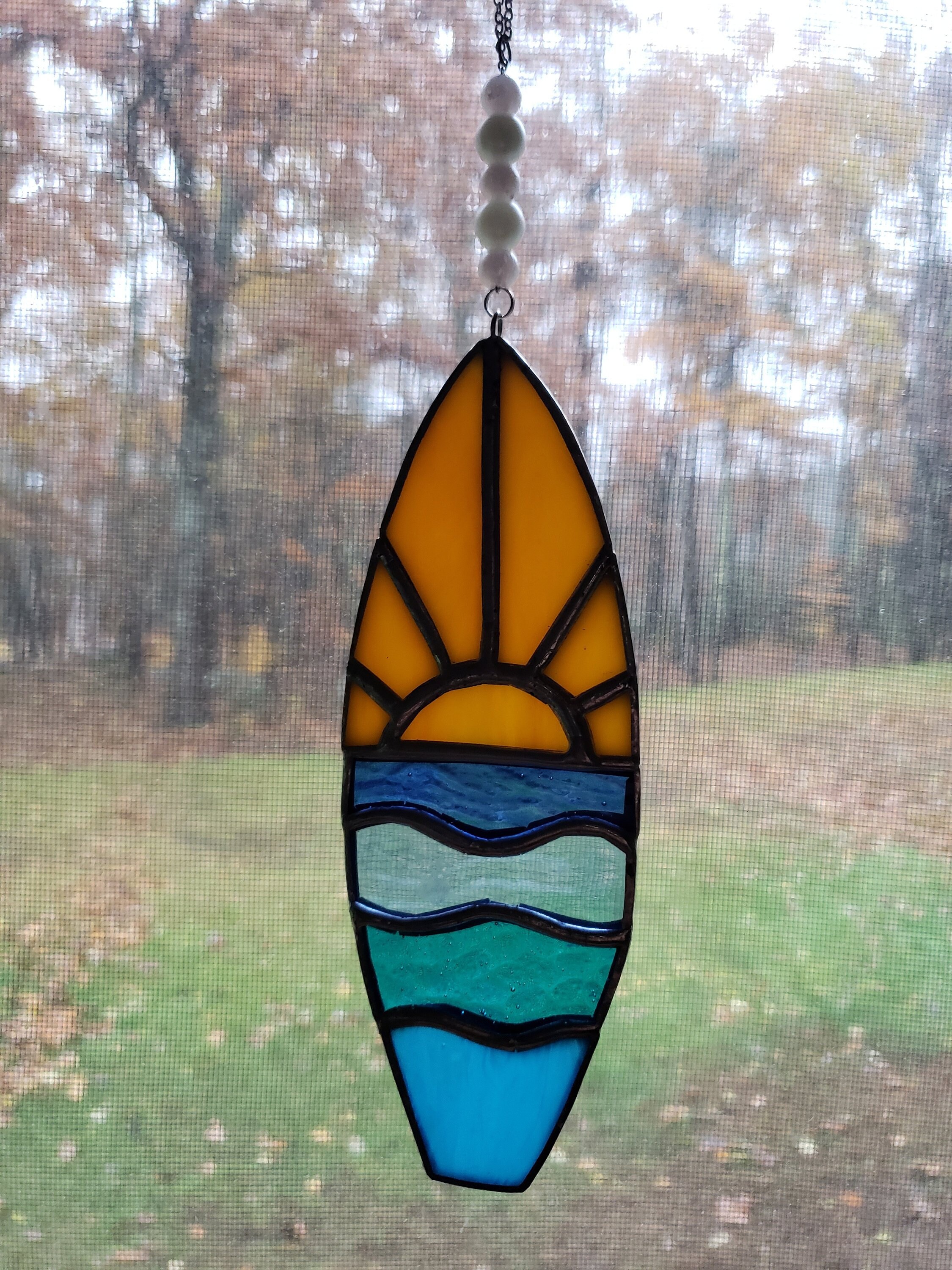Unique Stained Glass Surfboard Ornament with Ocean Sunrise Etsy