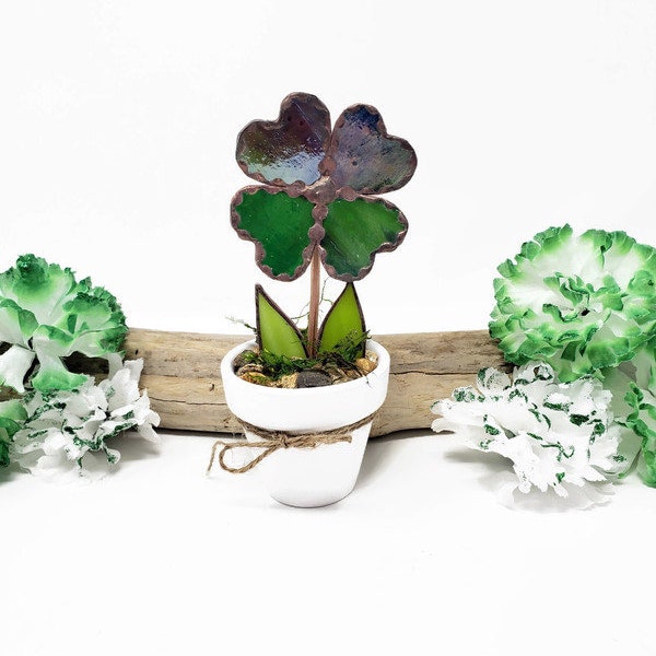 Stained Glass Potted Shamrock Flower, March Decor, St Patricks Decor, Gift for Girlfriend, Springtime Decor