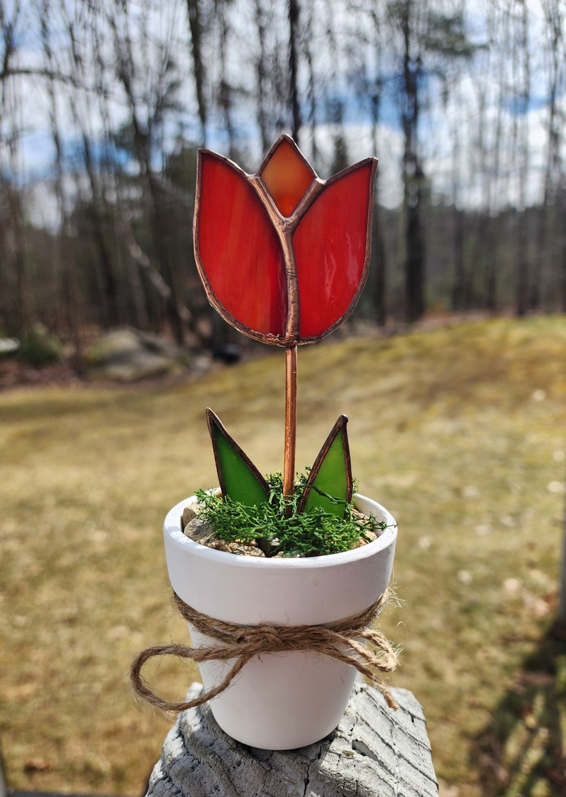 Stained Glass Potted Tulip, Everlasting Flower, Mothers Day Gift, Mini Flower Pot Gift for Sister,Bright Decorative Blossom Windowsill Decor image 8