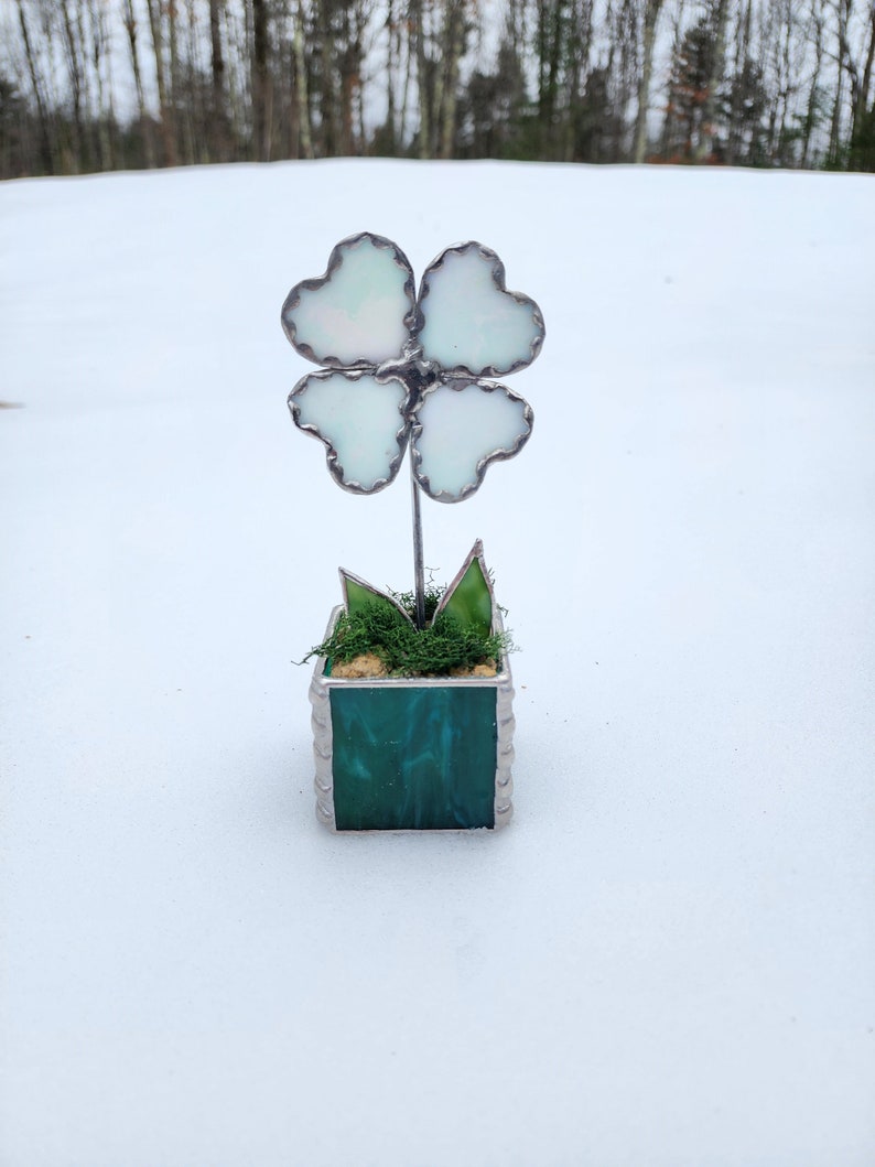 Stained Glass Potted Heart Flower, Mosaic Patchwork Decor, Valentine's Decor, Gift for Girlfriend, Secret Admirer Gift Teal Flower Pot