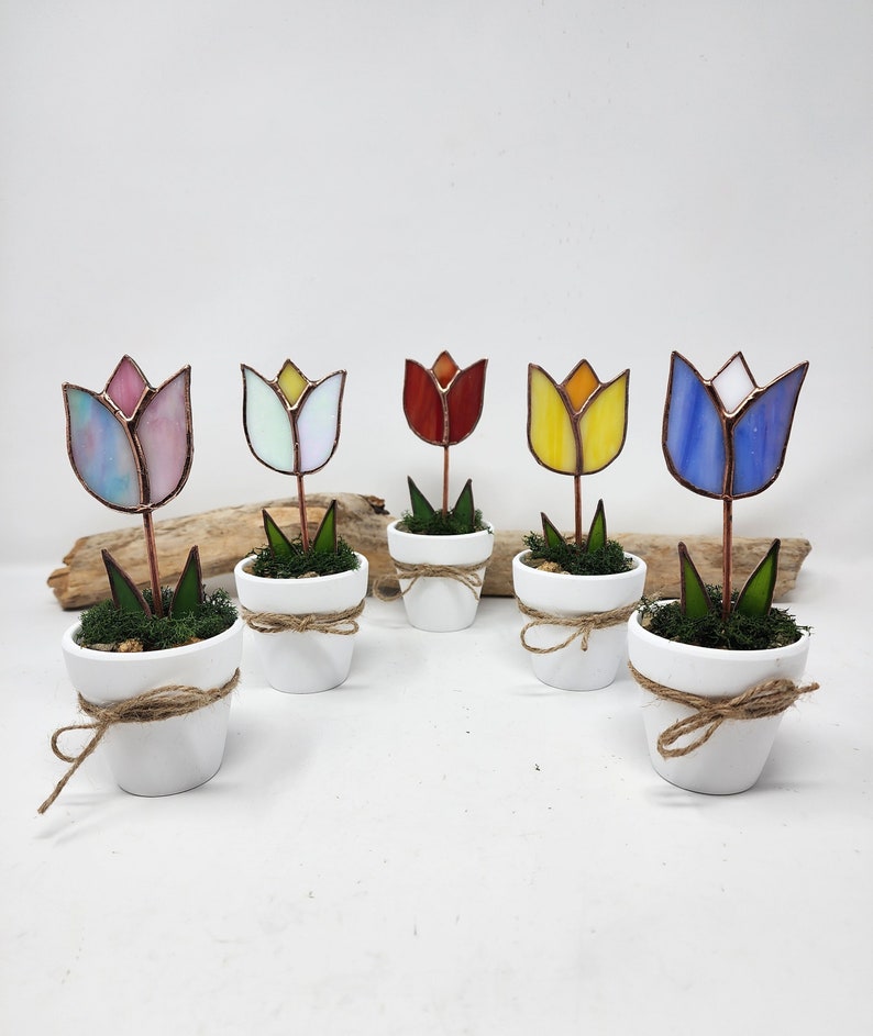 Stained Glass Potted Tulip, Everlasting Flower, Mothers Day Gift, Mini Flower Pot Gift for Sister,Bright Decorative Blossom Windowsill Decor image 1