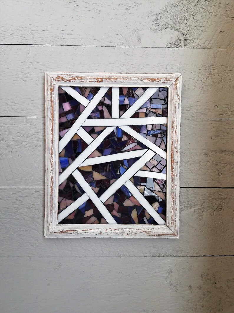 Abstract Glass art stained glass square asymmetrical art Crackle and rain glass. purple glass art purple circle art