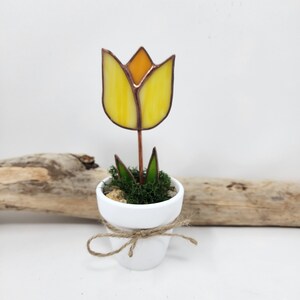 Stained Glass Potted Tulip, Everlasting Flower, Mothers Day Gift, Mini Flower Pot Gift for Sister,Bright Decorative Blossom Windowsill Decor Yellow