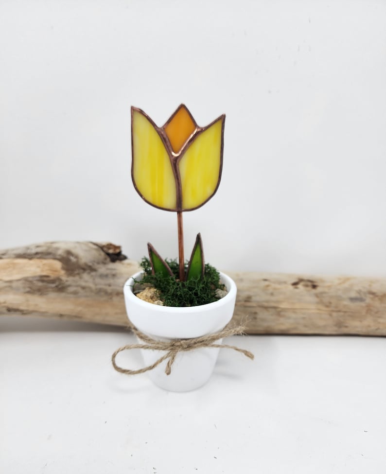 Stained Glass Potted Tulip, Everlasting Flower, Mothers Day Gift, Mini Flower Pot Gift for Sister,Bright Decorative Blossom Windowsill Decor Yellow