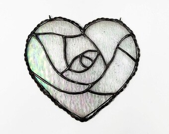 Unique Stained Glass Rose Heart Ornament, Clear Heart Suncatcher Sentimental Gift, Romantic Heart Decor Girlfriend Gift Idea