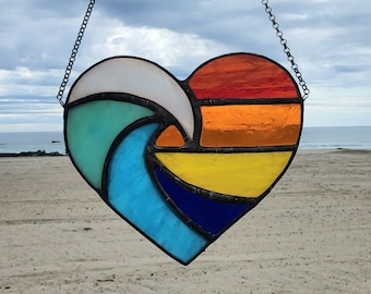 Unique Stained Glass Ocean Wave Window Suncatcher, Stained Glass Heart Suncatcher, Setting Sun Car Mirror Ornament Gift Exchange Idea