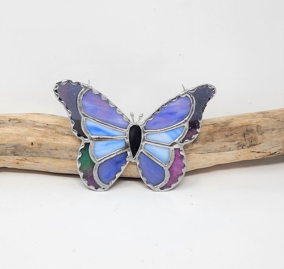 Stained Glass Butterfly Suncatcher: Iridescent Purple & Blue Nature Decor