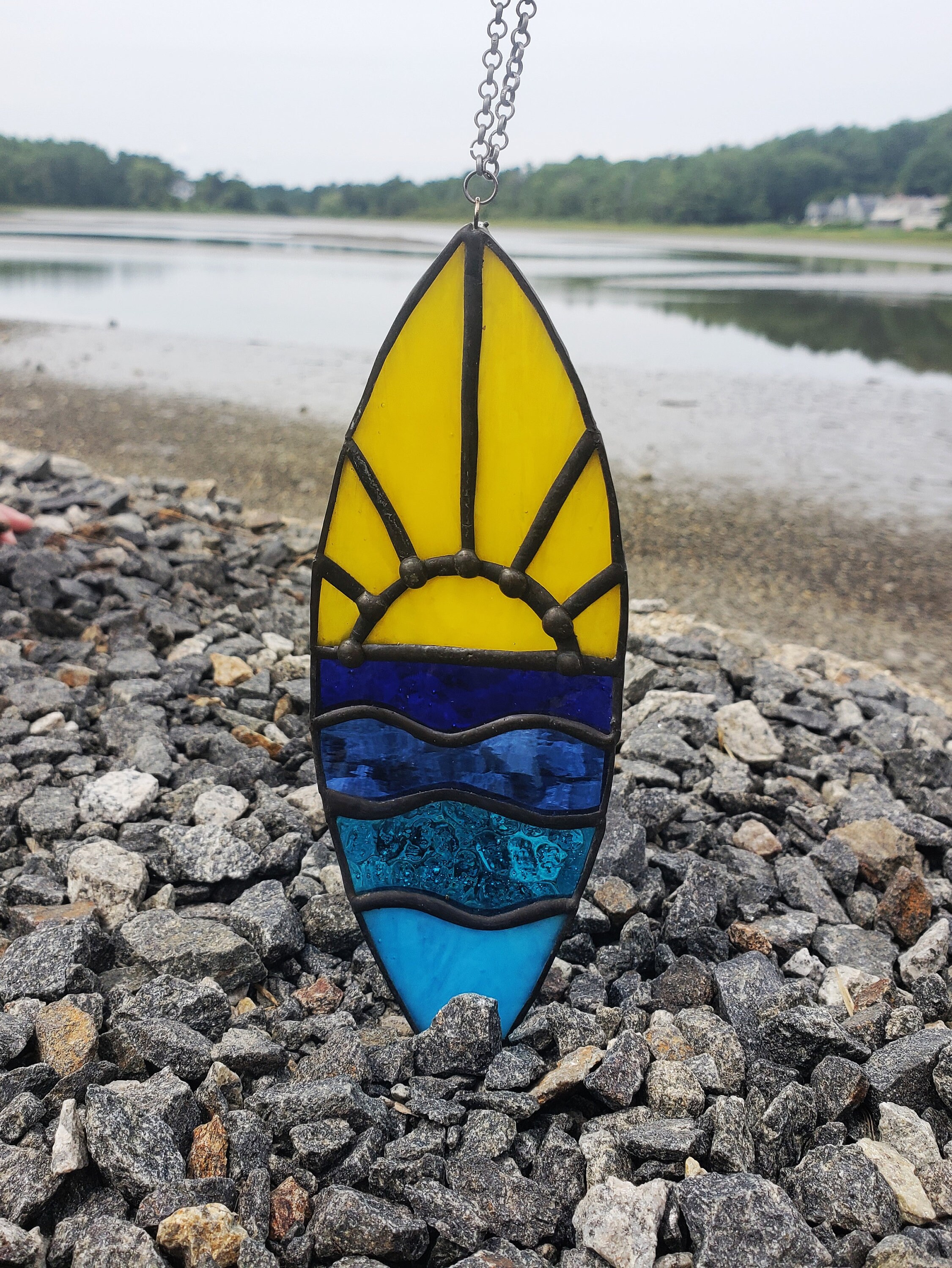 Unique Stained Glass Surfboard Ornament With Ocean Sunrise Etsy