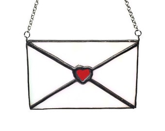 Unique Stained Glass Envelope with Heart Suncatcher, Romantic Heart Decor, Valentine's Decor, Love Letter for Secret Admirer