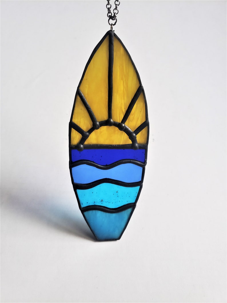 Unique Stained Glass Surfboard Ornament With Ocean Sunrise Etsy