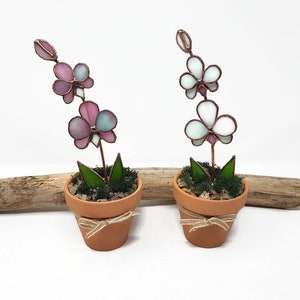Glasmalerei-Blumentopforchidee, Muttertagsgeschenk, Blumentopfgeschenk für Schwester, helle dekorative Blüte Fensterbankdekor