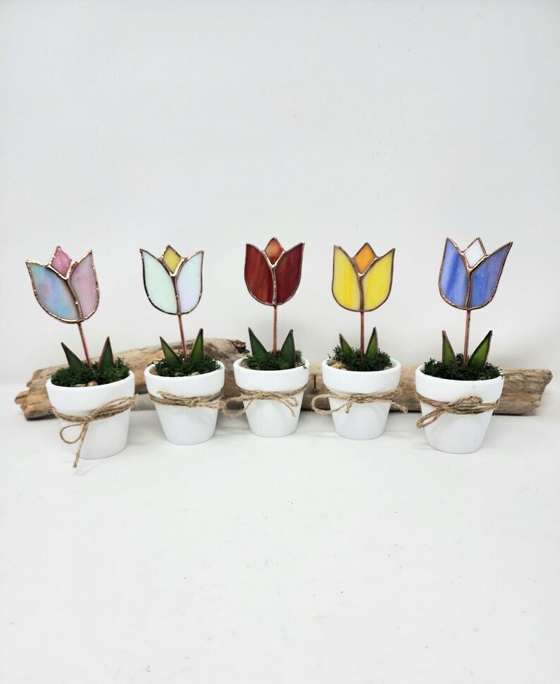 Stained Glass Potted Tulip, Everlasting Flower, Mothers Day Gift, Mini Flower Pot Gift for Sister,Bright Decorative Blossom Windowsill Decor image 10