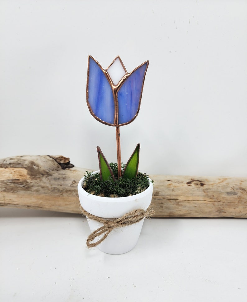 Stained Glass Potted Tulip, Everlasting Flower, Mothers Day Gift, Mini Flower Pot Gift for Sister,Bright Decorative Blossom Windowsill Decor Purple