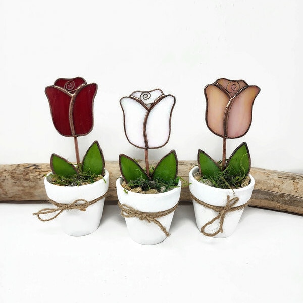 Rose en pot en vitrail, fleur éternelle, cadeau Saint Valentin, mini pot de fleur cadeau pour soeur, décoration de rebord de fenêtre