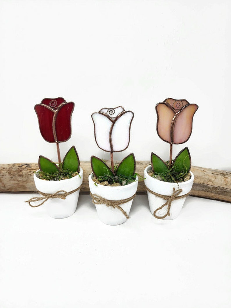 Stained Glass Potted Rose, Everlasting Flower, Valentines Day Gift, Mini Flower Pot Gift for Sister, Windowsill Decor image 1
