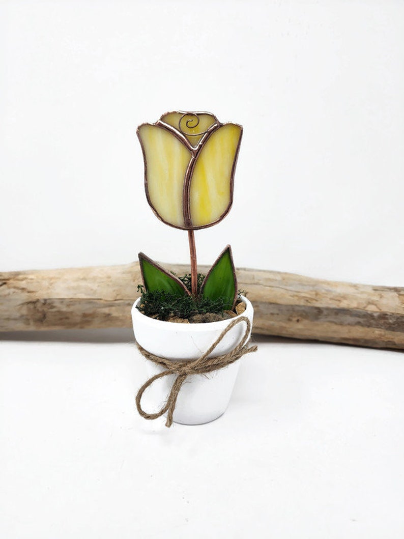 Stained Glass Potted Rose, Everlasting Flower, Valentines Day Gift, Mini Flower Pot Gift for Sister, Windowsill Decor Yellow