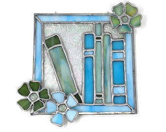 Stained Glass Bookshelf Suncatcher with Flowers | Botanical Window Panel | Unique Reader Decor