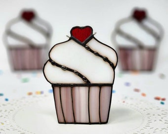 Stained Glass Cupcake Ornament, Gift for Baker, Valentines Decor, Glass Love Art, Sweet Treat