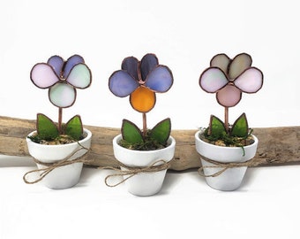 Glasmalerei Stiefmütterchen Blume, Muttertagsgeschenk, Mini Blumentopf Geschenk für Schwester, helle dekorative Blüte Fensterbank Dekor