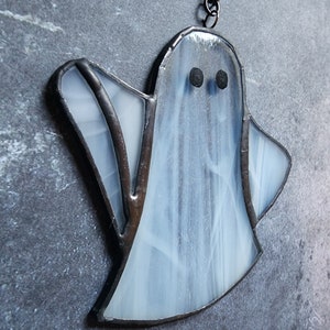 Unique Stained Glass Spooky White Ghost Ornament, Halloween Glass Art Seasonal Ornament Glass Artwork, Haunted Decor Window Ornament image 5