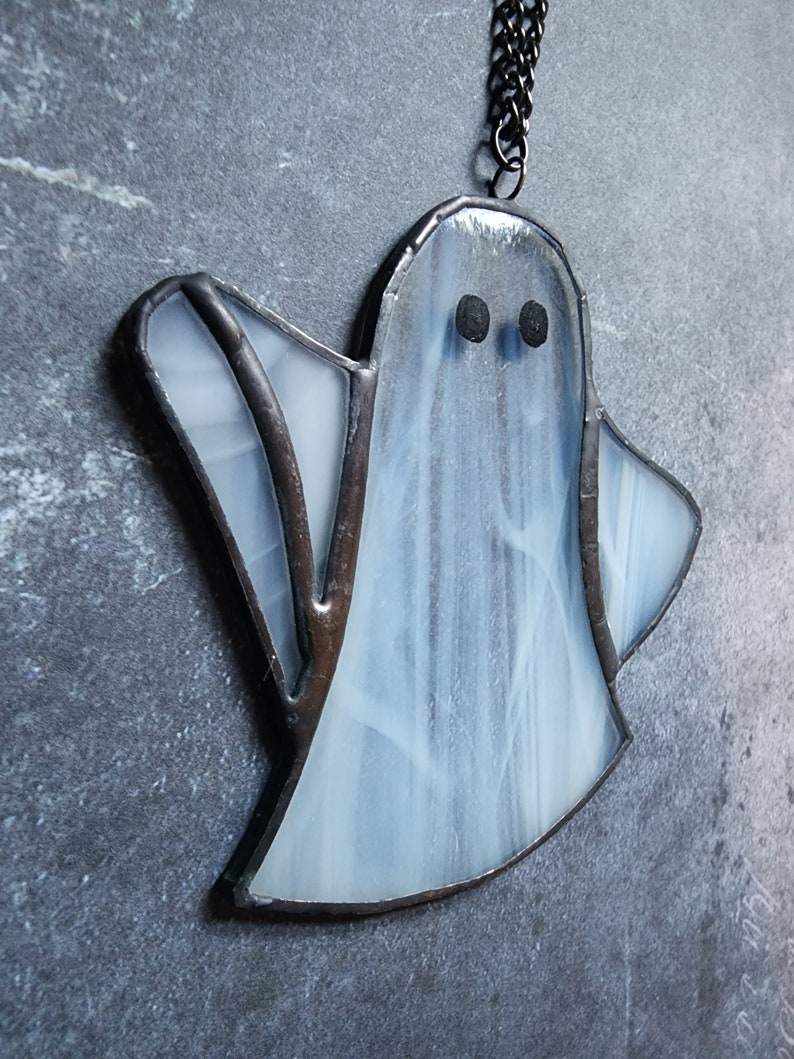 Unique Stained Glass Spooky White Ghost Ornament, Halloween Glass Art Seasonal Ornament Glass Artwork, Haunted Decor Window Ornament image 5