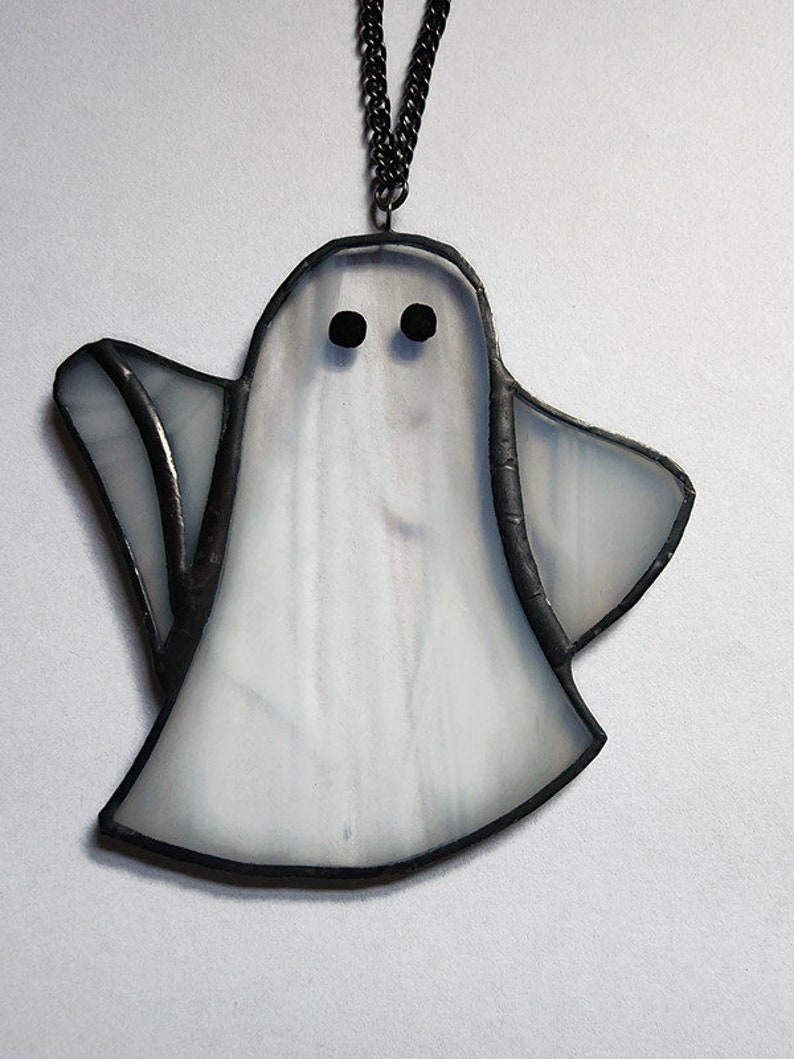 Unique Stained Glass Spooky White Ghost Ornament, Halloween Glass Art Seasonal Ornament Glass Artwork, Haunted Decor Window Ornament image 4