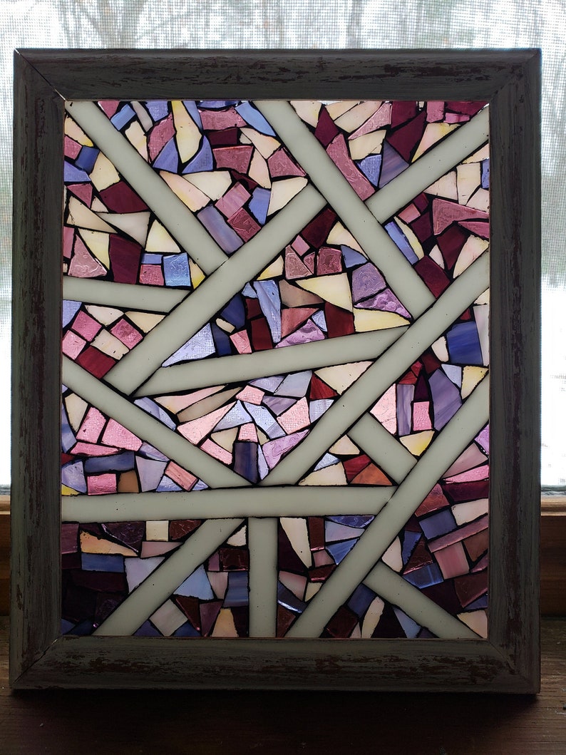 Abstract Glass art stained glass square asymmetrical art Crackle and rain glass. purple glass art purple circle art