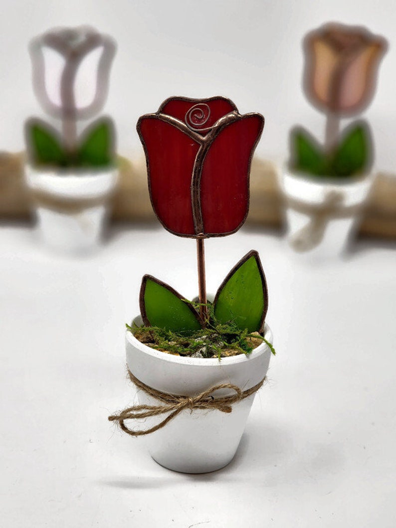 Stained Glass Potted Rose, Everlasting Flower, Valentines Day Gift, Mini Flower Pot Gift for Sister, Windowsill Decor image 6